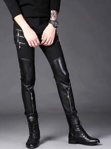 Punk Skull Zipper Stage Performance, Biker Faux Leather Patchwork Slim-Fit Skinny Pants For Men - Black - View 5