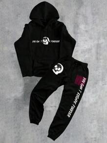 Conjunto de moletom masculino casual moderno com estampa de fantasma e letras de Halloween 2 peças - Preto - Ver 1