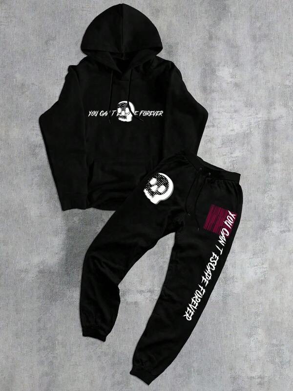 Conjunto de moletom masculino casual moderno com estampa de fantasma e letras de Halloween 2 peças