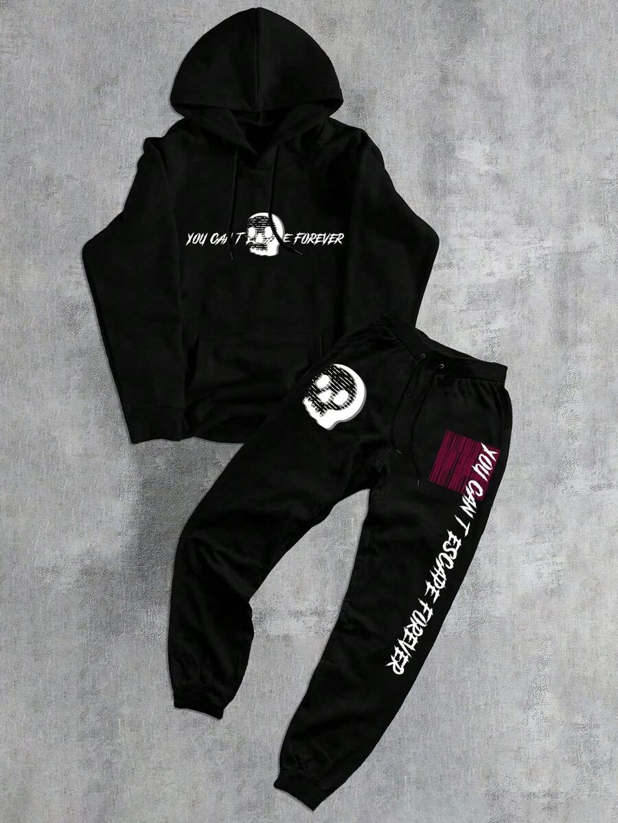 Conjunto de moletom masculino casual moderno com estampa de fantasma e letras de Halloween 2 peças - Preto - Ver 1