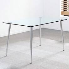 Table And Chair Set.Rectangular Dining Table With Tempered Glass Tabletop And Silver Plating Metal Legs.Paired With 6 Checkered Armless High Back White Chairs With Electroplated Metal Legs. - 白色+玻璃+金屬+6座如圖 - 查看 18