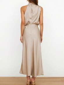 Satin High Neck Sleeveless Elegant Evening Dress, Cocktail Semi Formal Dress, For Birthday, Wedding Guest Dinner, Homecoming Party Dress