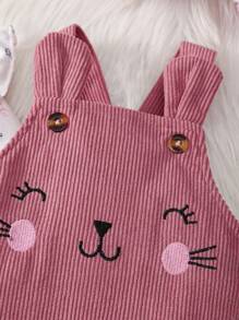 Baby Girl 3pcs Set: Floral Allover Print Ruffled Collar Long Sleeve Bodysuit, Kitty Embroidered Bib Jumpsuit, Headband - Multicolor - View 8