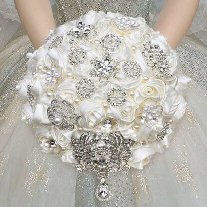 1 Bouquet Luxury Ivory Silver Crystal Rhinestone Artificial Rose Satin Ribbon Eternal Flower Ball, Bridal Bridesmaid Wedding Bouquet. Delicate Crystal Pearl Decor Everlasting Flower Bouquet For Church Wedding, Party, Anniversary, Spring