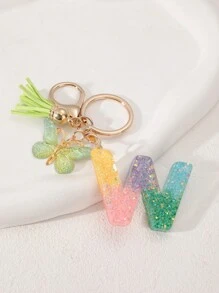 1pc Creative Letter Resin Drop Keychain With Butterfly Tassel Pendant For Girls - Multicolor - View 16