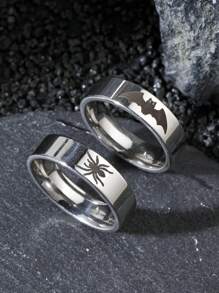 2pcs Halloween Jewelry Goth Stainless Steel Ring Bat Pattern Spider Pattern Gothic Style Suitable For Everyday Wear Holiday Gift Halloween Couple Rings - 2pc Ring - View 2