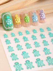 Beauty Sticker 1 件 5D 卡通指甲贴纸，果冻纹理夜光卡通乌龟自粘指甲贴花，女士家居 DIY 美甲用品 - 青碧色 - 查看 4