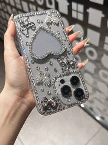 Sheer Luxe Sparkle Edge 镜面手机壳 Y2K 粉色爱心闪光钻石蝴蝶银色蝴蝶结透明手机后盖，兼容三星 Galaxy S23 S24 25 Ultra A06 A13 A14 A52 A53 A55 A17 A34 和 15 12 13 14 16 Plus 17 Pro Max