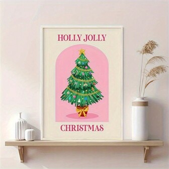1pc Christmas Tree Educational Wall Art Poster, Frameless Retro Pink Canvas Print For Living Room, Bedroom, Holiday Decoration
