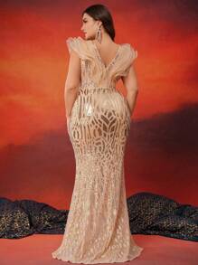 XUIBOL Plus Size Sequin Patchwork Chiffon V-Neck Ruffle Trim Mermaid Formal Evening Gown Graduation Dress (Decor Design), Elegant Prom Dress, For Wedding Guest Dinner Party Dress - 香檳色 - 查看 5