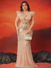XUIBOL Plus Size Sequin Patchwork Chiffon V-Neck Ruffle Trim Mermaid Formal Evening Gown Graduation Dress (Decor Design), Elegant Prom Dress, For Wedding Guest Dinner Party Dress - 香檳色 - 查看 1