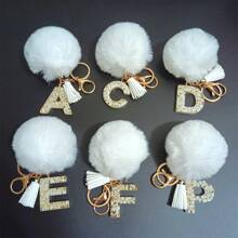 1pc Cute Letter Shaped Zinc Alloy Keychain, Keyring Spring/Summer/Autumn/Winter, Black English Letters & Fuzzy Ball Decor Car Accessories Bag Charm Backpack For School Goth Y2k Christmas Gift Ideas Bag Accessories Lanyards With Id Holder Car Accessories Bag Charms Car Teacher Friend Sister - Black + White - View 4
