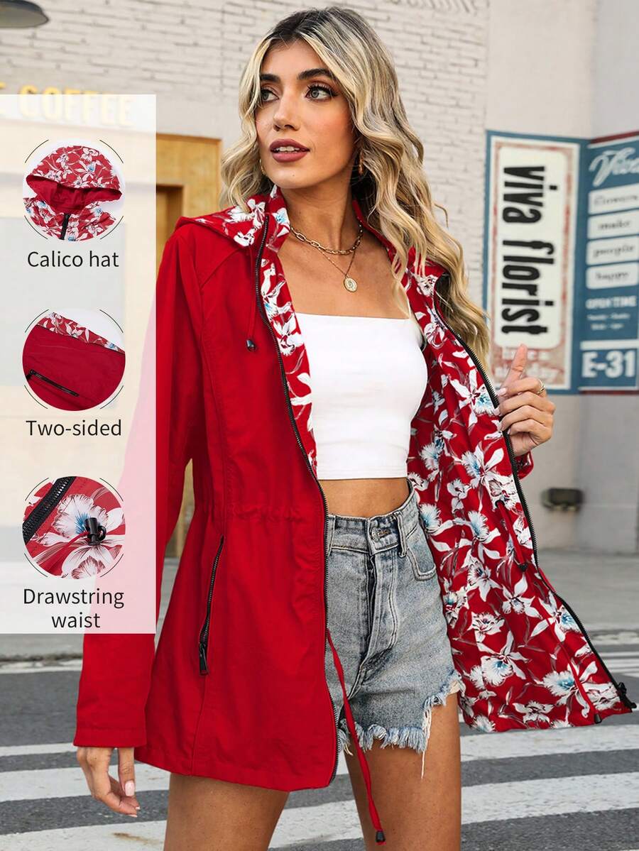 Giolshon Women's Cream Yellow Reversible Hooded Jacket - Dual-Sided Printed Design, Casual & Fashionable, Suitable For Daily Layering - Red - View 1