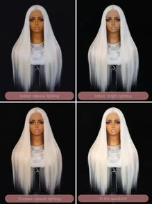 SALLYWELL 白色合成蕾丝前假发，适合女性和女孩，长而柔顺的直发，无需胶水，自然发际线，中分，耐热纤维材质。