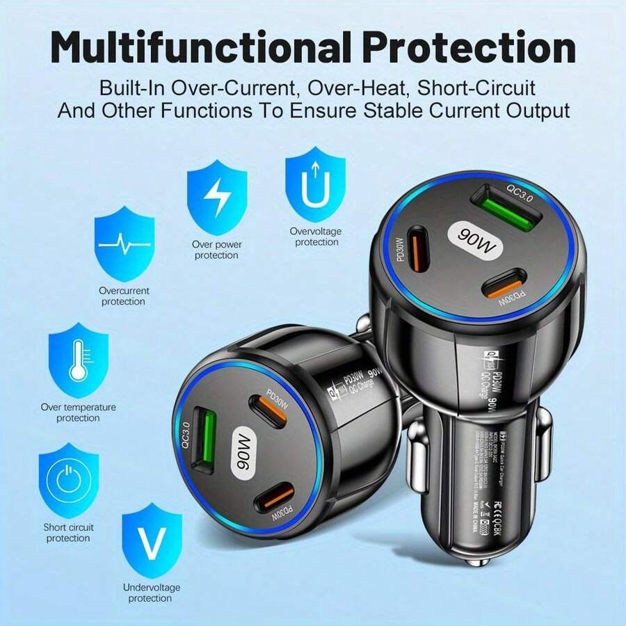 1 Pc Total 90W Multi Port USB 2PD Type C Car Charger PD Phone Charger