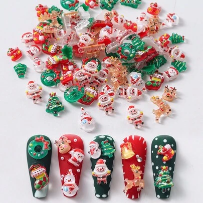FULL BEAUTY 1 包卡通可爱红色圣诞老人 3D 浮雕圣诞指甲装饰松树圣诞树雪人麋鹿鹿动物圣诞袜铃铛节日指甲饰 DIY 指甲用品 ABS 树脂指甲宝石随机混合图案