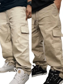 SHEIN Women's 2-Pack Unisex Wide Leg Twill Cargo Pants With 5 Pockets Kit 2 Women's Skater Cargo Pants With Side Pocket Men's Skater Cargo Pants With Side Pocket Black Khaki And Beige - Màu be - Xem 2