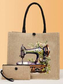 Máquina de coser portátil, Bolso de lona con estampado floral de niña, taza, girasol, hojas verdes, bolso de viaje minimalista, bolsa de cosméticos, bolsa de maquillaje de viaje de gran capacidad, bolso portátil multifuncional - Caqui - Ver 11