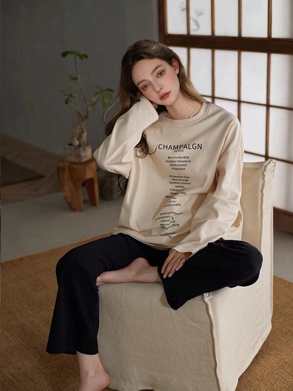 Conjunto de pijama feminino de 2 peças para primavera e outono, composto por blusa de manga comprida e calça, com estampa de slogan, ideal para o dia a dia e inverno.