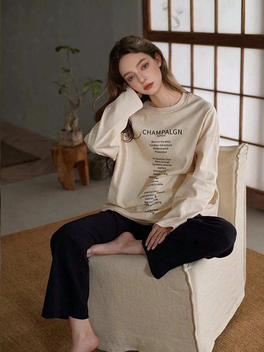女士春秋季长袖上衣和裤子睡衣套装，标语图案休闲睡衣，两件套，秋冬服装