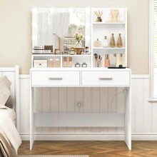 80cm Schminktisch mit LED-Beleuchtung und Steckdose, Weihnachtsgeschenk, Schminktisch mit Spiegel, Schminktisch mit 2 Schubladen und 2 Ablagefächern, zeitgenössischer Stil, Frisiertisch für das Schlafzimmer, Weiß