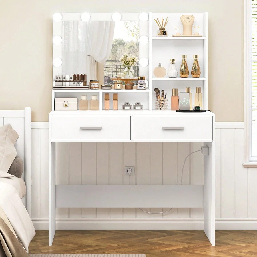 80cm Schminktisch mit LED-Beleuchtung und Steckdose, Weihnachtsgeschenk, Schminktisch mit Spiegel, Schminktisch mit 2 Schubladen und 2 Ablagefächern, zeitgenössischer Stil, Frisiertisch für das Schlafzimmer, Weiß