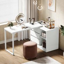 Tribesigns Vanity Desk With 3 Drawers And 2 Shelves, White Small Makeup Vanity Table With Reversible Storage Cabinet, Modern White Corner Dressing Table For Bedroom, Makeup Room (Without Mirror) - 白色 - 查看 3