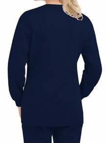 女式皱褶前部手术服制服夹克，带口袋，长袖紧身束腰外衣 - 藏蓝色 - 查看 2