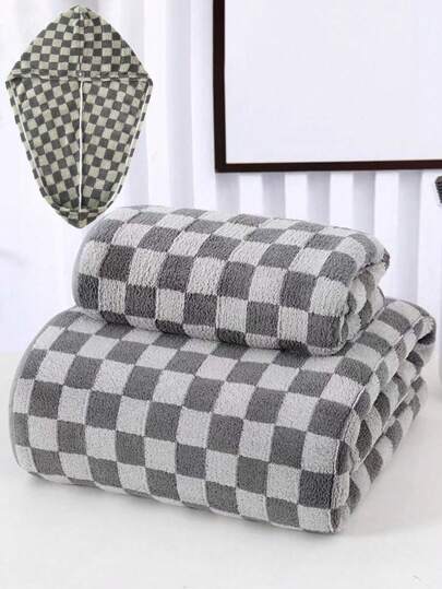 1pc Checkerboard Coral Fleece Quick-Dry Soft Absorbent Checkerboard Printed Towel, Thin, Non-Shedding, Suitable For Home, Adults, Couples, Face Towel 34"X75" Or Bath Towel 70"X140", 1 Towel Set