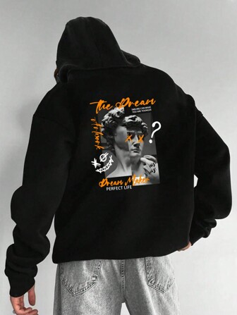 Boyfriend Style Men's New Stylish Hooded Sweatshirt, Casual Daily Drawstring Hoodie With Statue & English Letter Print, Front Kangaroo Pocket, Boyfriend Style Men Apparel