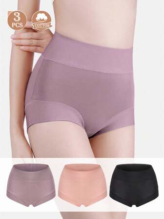 3入組青少年女孩多色抗菌中腰收腹透氣三角褲，女士雙層鎖邊臀部提拉方形褲內褲套裝