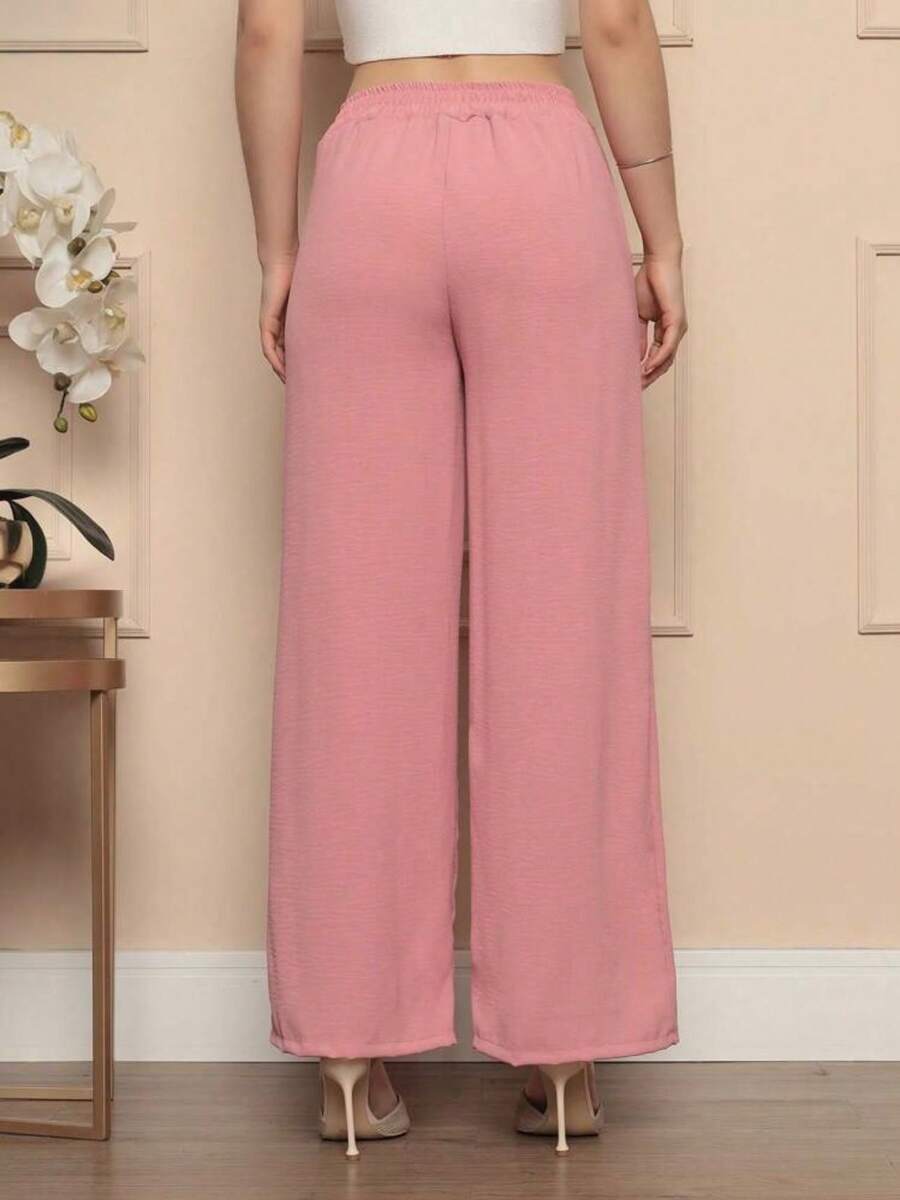 WO Duna Fabric Wide Leg Pants With Zipper And Button Lined High Waist Social Tailoring Women's Clothing - 藕粉色 - 查看 1