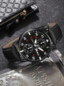 Bộ 4 chiếc đồng hồ đeo tay bằng da PU đơn giản, giản dị dành cho nam, 1 đồng hồ + 3 phụ kiện, Bộ đồng hồ thời trang dành cho nam, Thích hợp đeo quanh năm - màu đen - Xem 5