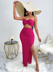Amarilo Beach Sexy Hollow Decor Button Side Slit Slim Fit Maxi Halter Dress