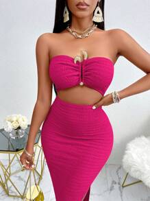 Amarilo Beach Sexy Hollow Decor Button Side Slit Slim Fit Maxi Halter Dress