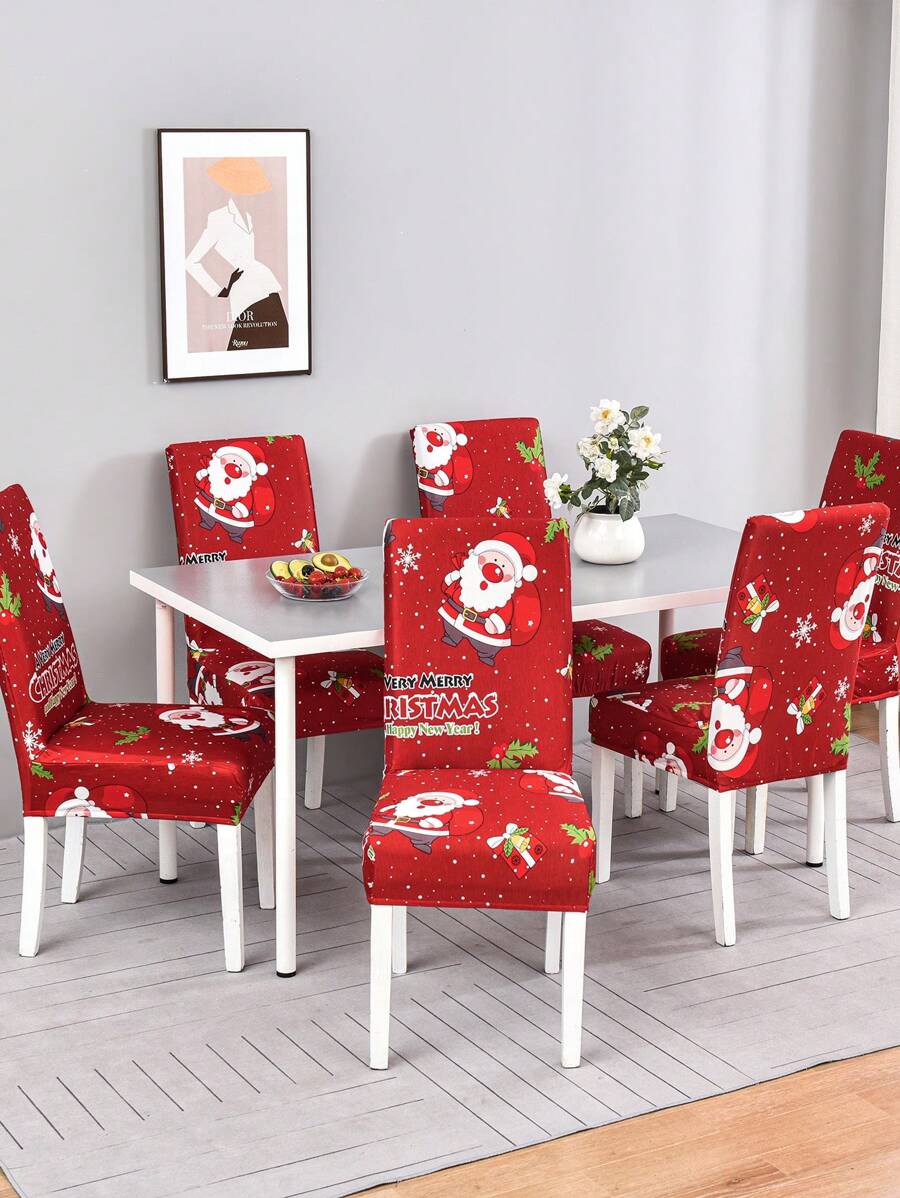 2/4/6 chiếc Vỏ bọc ghế ăn đàn hồi toàn bộ hình ông già Noel, Vỏ bọc ghế in hoa chống bụi chống trượt dùng để trang trí nhà cửa, khách sạn, nhà hàng và tiệc tùng - Nhiều màu - Xem 1