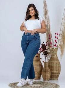 Plus Size Mom Jeans, Plain Dark, Striped, High Waist - 藍色 - 查看 3