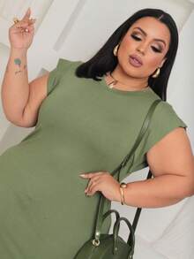 Plain Long Viscolaycra Dress - Màu xanh Ô liu - Xem 3