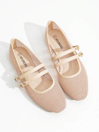 新款女士平底芭蕾网鞋，黑色和米色，圆头，纯色透气休闲平底鞋，时尚舒适