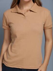 Women's Polo Neck Blouse, Elegant Pigue Fabric, Short Sleeves With Buttons - Màu be - Xem 2