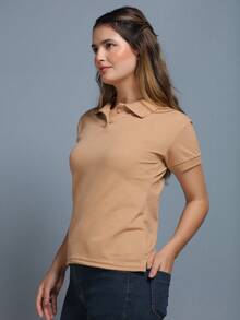 Women's Polo Neck Blouse, Elegant Pigue Fabric, Short Sleeves With Buttons - Màu be - Xem 4