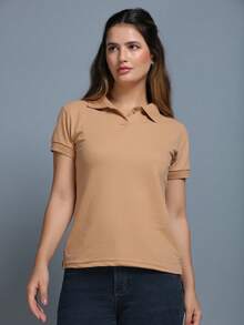 Women's Polo Neck Blouse, Elegant Pigue Fabric, Short Sleeves With Buttons - Màu be - Xem 3