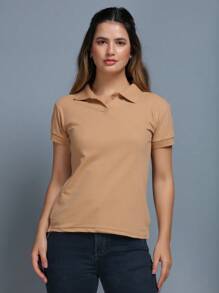 Women's Polo Neck Blouse, Elegant Pigue Fabric, Short Sleeves With Buttons - Màu be - Xem 1