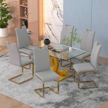 Sumdeal 63" Glass Dining Table With 4 Modern Chairs,Sumdeal 63" Glass Dining Table With 6 Modern Chairs, Golden/Silver - Bàn và 6 ghế màu xám chân vàng - Xem 1