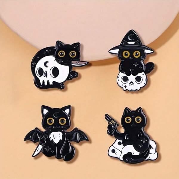 4pcs Gothic Style Cartoon Black Cat Brooch, Minimalist Design Cute Animal Lapel Pin, Creative Accessory For Bags, Clothing, Suitable For Various Occasions Dress Accessories Pin For Clothes Bag Charm Backpack For School