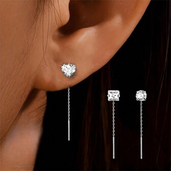 1pair 925 Sterling Silver Hypoallergenic Earrings, Elegant Minimalist Shiny Cubic Zirconia Pendant Long Chain Earrings, Versatile Daily Wear Or Valentine's, Birthday, Mother's Day Gift, Women Jewelry,Mom,Mother,Mother's Day,Gift