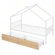 Twin Size Metal House Bed With Two Drawers, White - 白色+金屬+雙如圖 - 查看 8