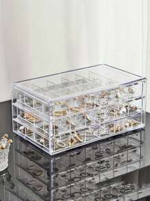 1pc Transparent 3-Layer 72-Grid Jewelry Storage Box For Women's Daily Earrings, Rings, Necklaces, Bracelets. Drawer Style 3-Layer 72-Grid Detachable Large Capacity Nail Drill & Nail Decoration Organizer