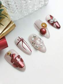 10 Pcs Christmas Style, Royal Sister Style, Gentle Style, Christmas Tree Decoration, Bow Pattern, Pearl Decoration, Star Pattern, Red, Pink, White, Medium-Length Almond-Shaped, Hand-Pressed False Nails Set, Suitable For Christmas Gatherings, Christmas Parties, Shopping, And Dating. This Manicure Set Includes 1 Jelly Glue And 1 Mini Nail File, As Well As A Set Of Exquisite Handmade False Nails