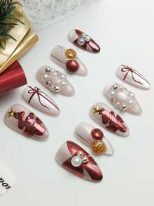 10 Pcs Christmas Style, Royal Sister Style, Gentle Style, Christmas Tree Decoration, Bow Pattern, Pearl Decoration, Star Pattern, Red, Pink, White, Medium-Length Almond-Shaped, Hand-Pressed False Nails Set, Suitable For Christmas Gatherings, Christmas Parties, Shopping, And Dating. This Manicure Set Includes 1 Jelly Glue And 1 Mini Nail File, As Well As A Set Of Exquisite Handmade False Nails
